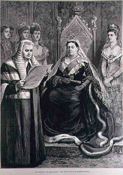 The Opening of Parliament: The Reading of the Queens Speech, vyrytý R. Taylorem, z The Illustrated London News, 30. ledna 1886 od English School