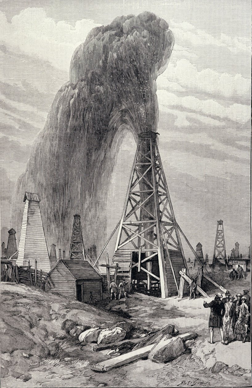 Petroleum Oil Wells v Baku na Kaspickém moři: Fontána ropného oleje, z „The Illustrated London News“, 6. prosince 1886 od English School