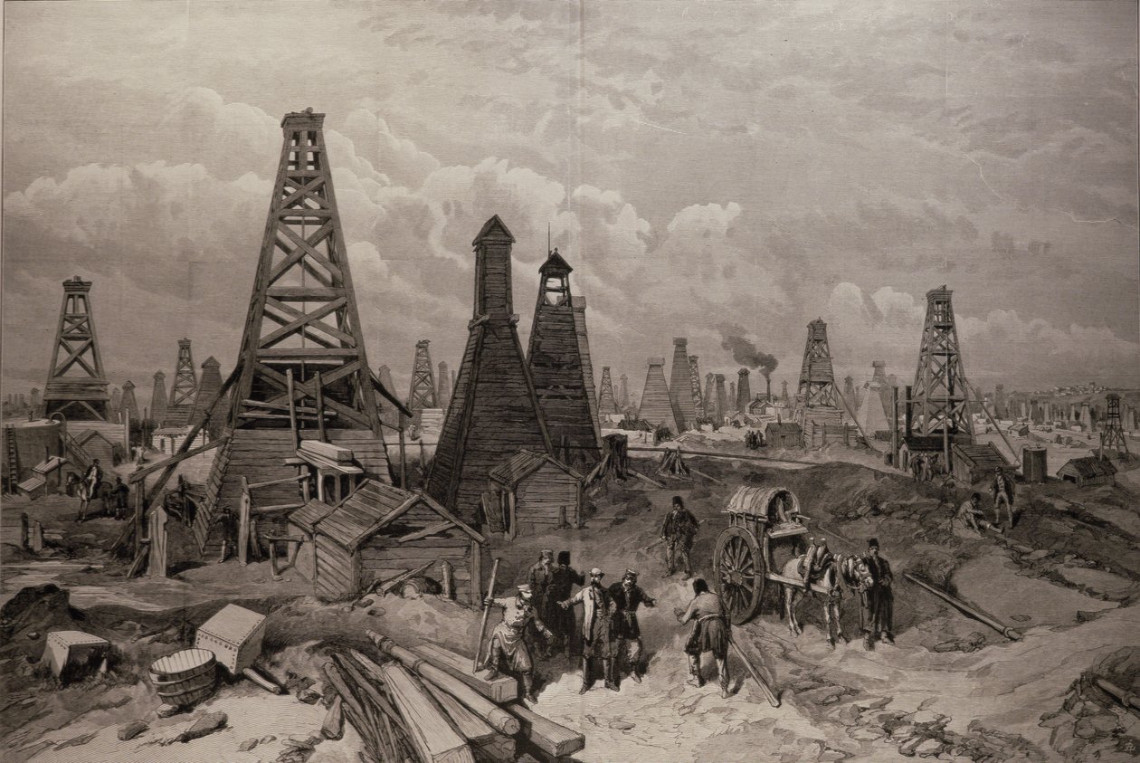 Petroleum Oil Wells v Baku u Kaspického moře, z „The Illustrated London News“, 19. června 1886 od English School