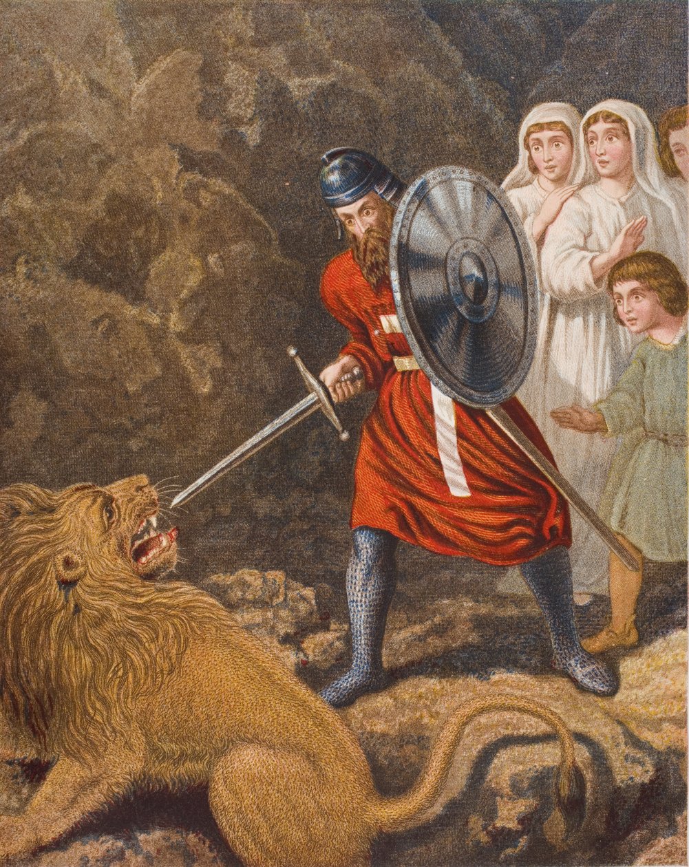 Setkání poutníka se lvem, ilustrace z „Poutníkova pokroku“ od Johna Bunyana (1628-88) od English School