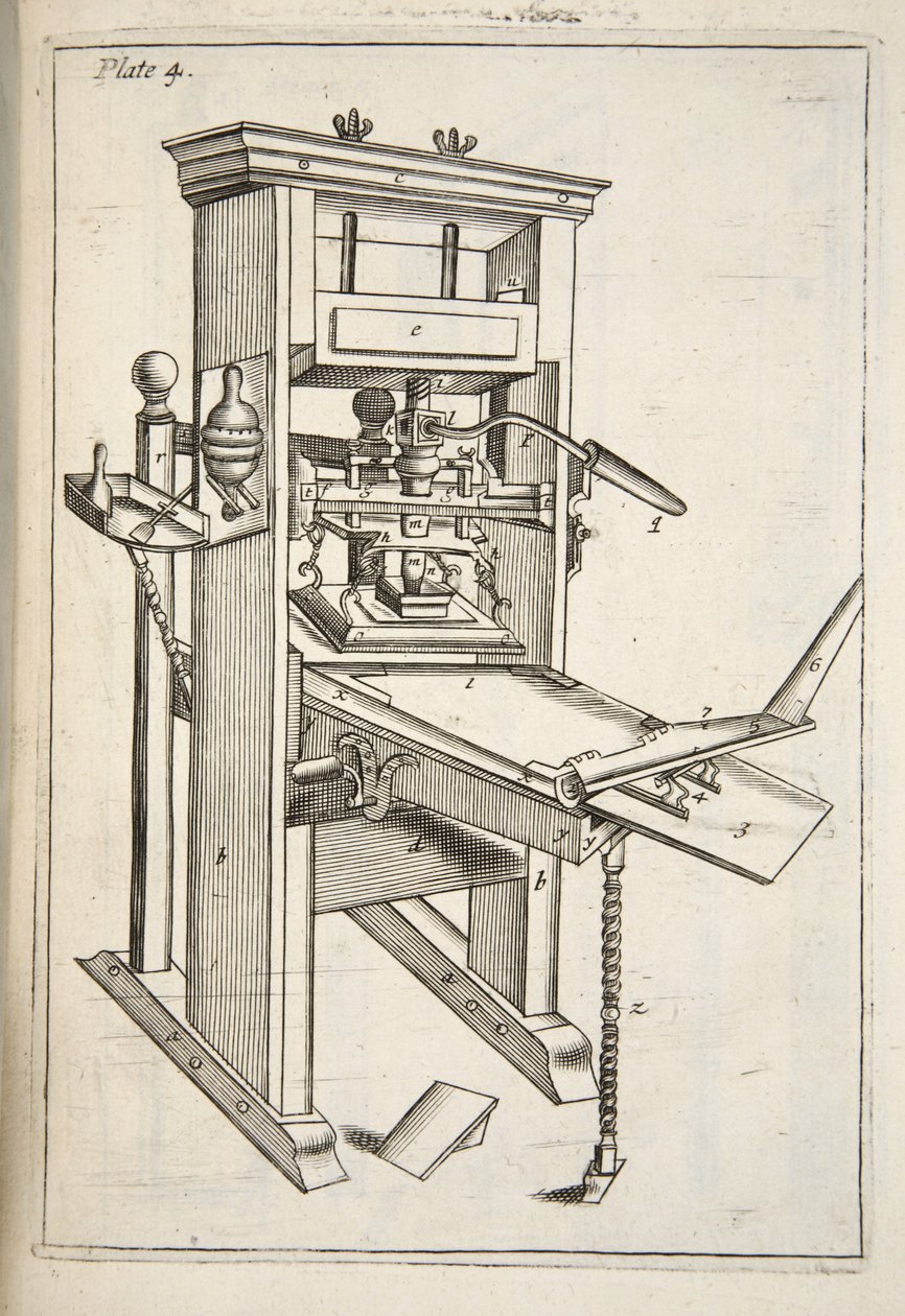 The Printing Press, from Mechanick Exercises: or The Doctrine of Handy-Works appliked to the Art of Printing, pub. 1683 od English School