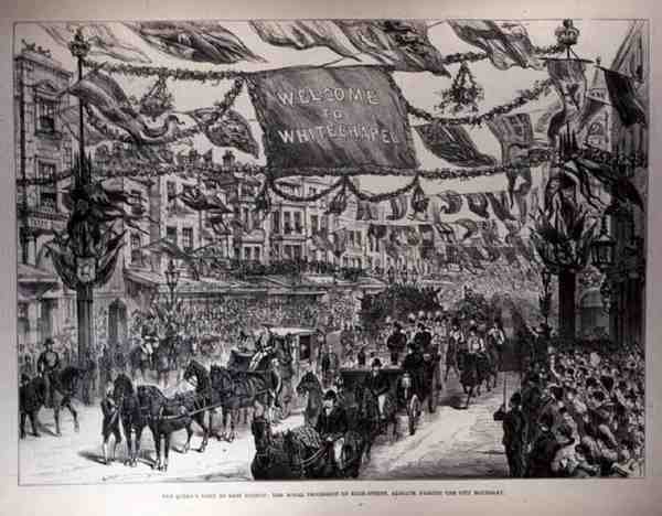 Návštěva Queens ve východním Londýně: Královský průvod na High Street, Aldgate, míjení hranice města, z The Illustrated London News, 21. května 1887 od English School