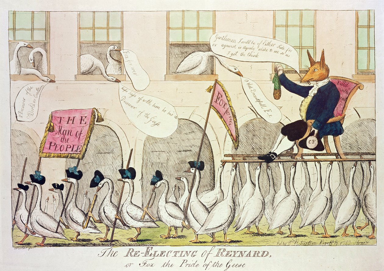 The Re-Electing of Reynard, or Fox the Pride of the Geese, 1783 (ručně kolorovaná rytina) od English School