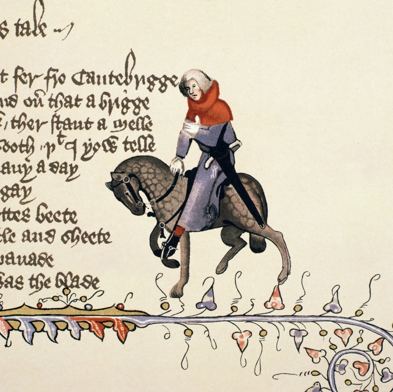 The Reeve, detail z Canterburských povídek, Geoffrey Chaucer (asi 1342-1400) Ellesmerův rukopis, faksimilní vydání, 1911 (detail originálu viz 128932) od English School