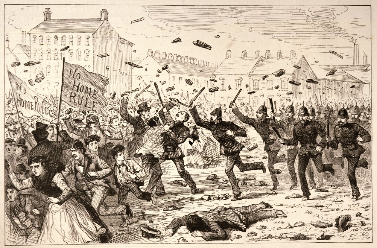 The Riots in Belfast: The Police Charging the Mob in the Brickfields, z „The Illustrated London News“, 19. června 1886 od English School