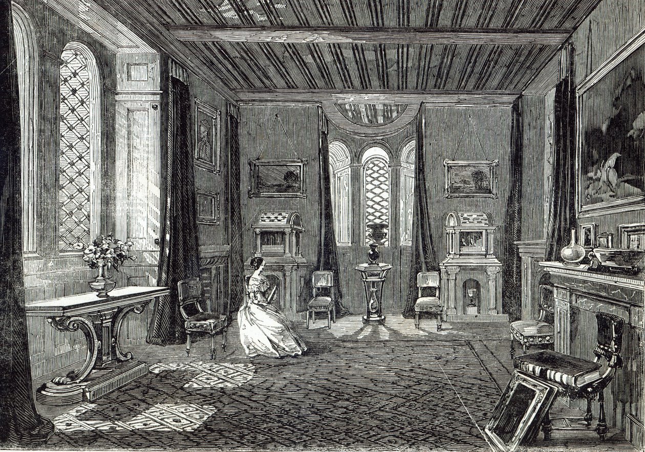 Šarlatový přijímací pokoj, Lansdown Tower, z „The Illustrated London News“, 29. listopadu 1845 od English School