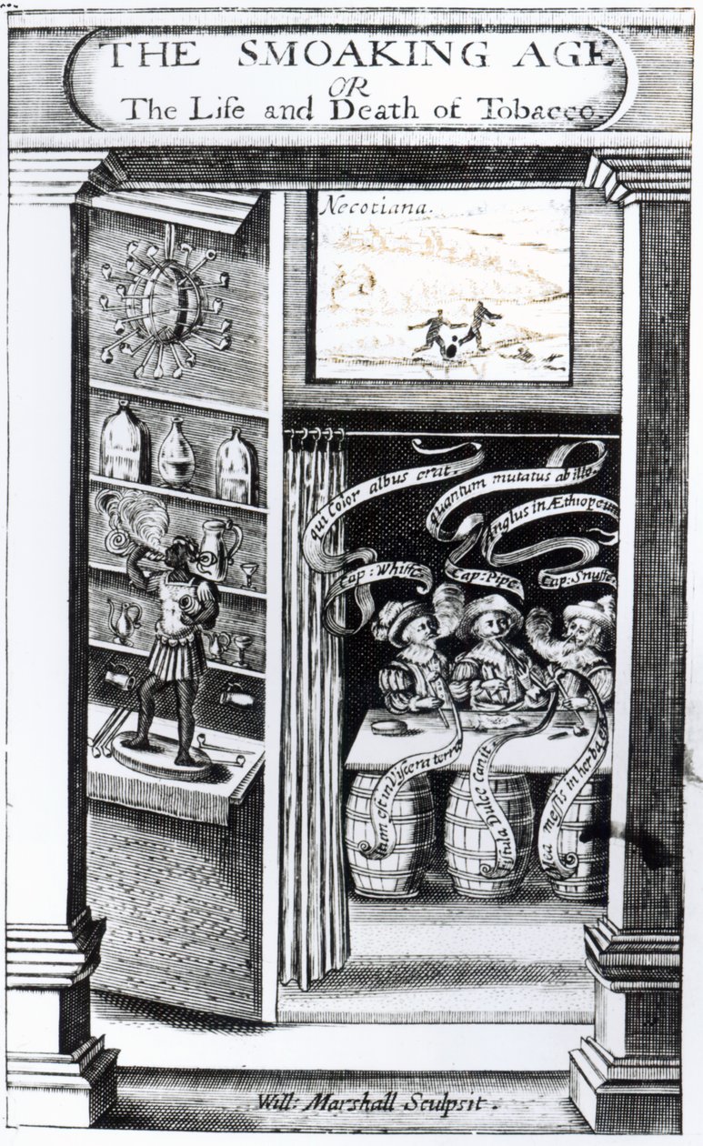 The Smoaking Age aneb, The Life and Death of Tobacco, vyryl William Marshall, 1617 od English School