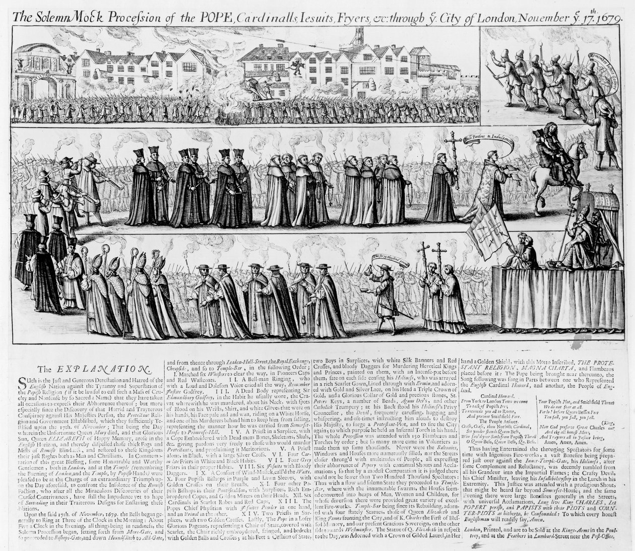 Slavnostní falešný průvod papeže, kardinálů, jezuitů a smažáků Londýnem na „Den královny Alžběty“, 17. listopadu 1679 od English School