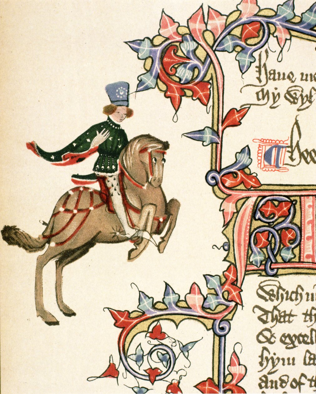 The Squire, detail z Canterbury Tales, od Geoffreyho Chaucera (asi 1342-1400) Ellesmere Manuscript, faksimilové vydání, 1911 (originální detaily viz 128934) od English School