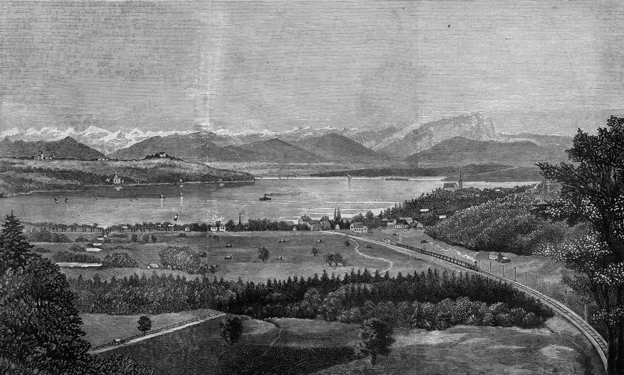 Jezero Starnberg poblíž Mnichova, kde se utopil zesnulý bavorský král, z „The Illustrated London News“, 26. června 1886 od English School