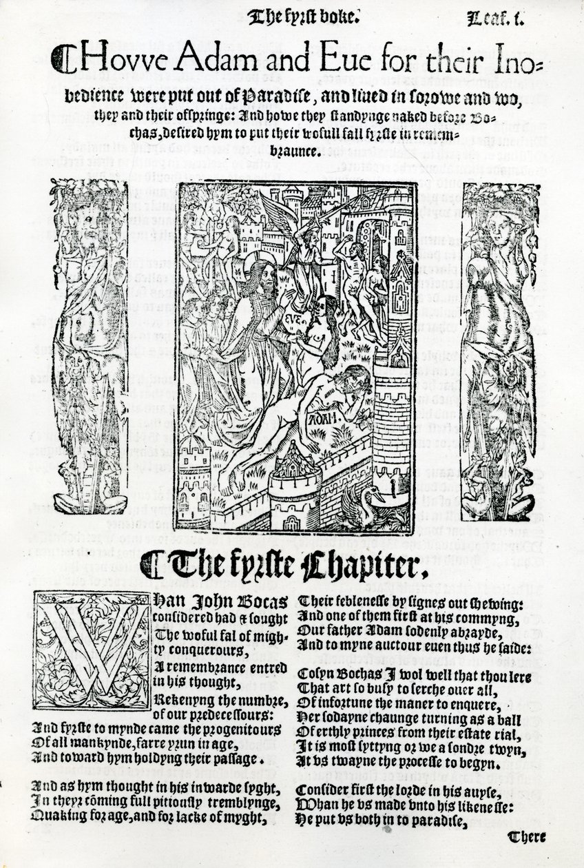 Příběh Adama a Evy z Boccacciova „De Casibus Virorum Illustrium“, anglické vydání vydané v roce 1527 od English School