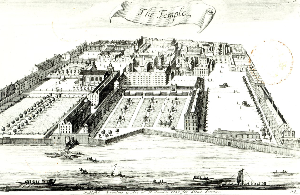 Chrám, ilustrace z „A Survey of the Cities of London and Westminster“ od Johna Stow, vydané v roce 1755 od English School