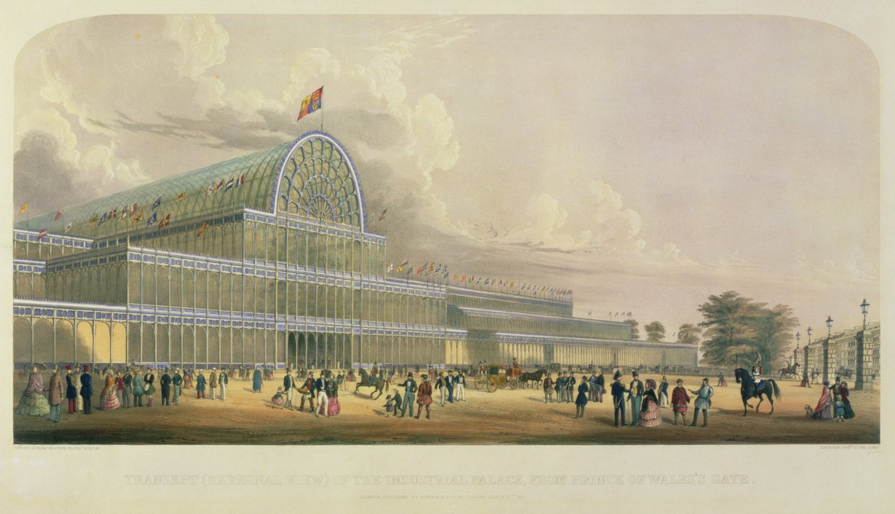 Příčná loď Křišťálového paláce, z brány Prince of Wales, načrtl a nakreslil C. Burton, hospoda. od Ackermann and Co., 1881 od English School
