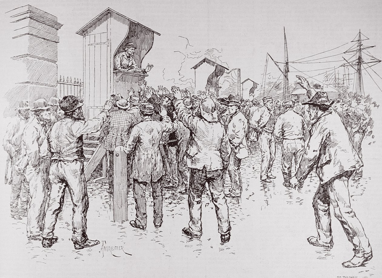 Londýnští nezaměstnaní: zapojení dockových dělníků v západoindických docích, z „The Illustrated London News“, 20. února 1886 od English School