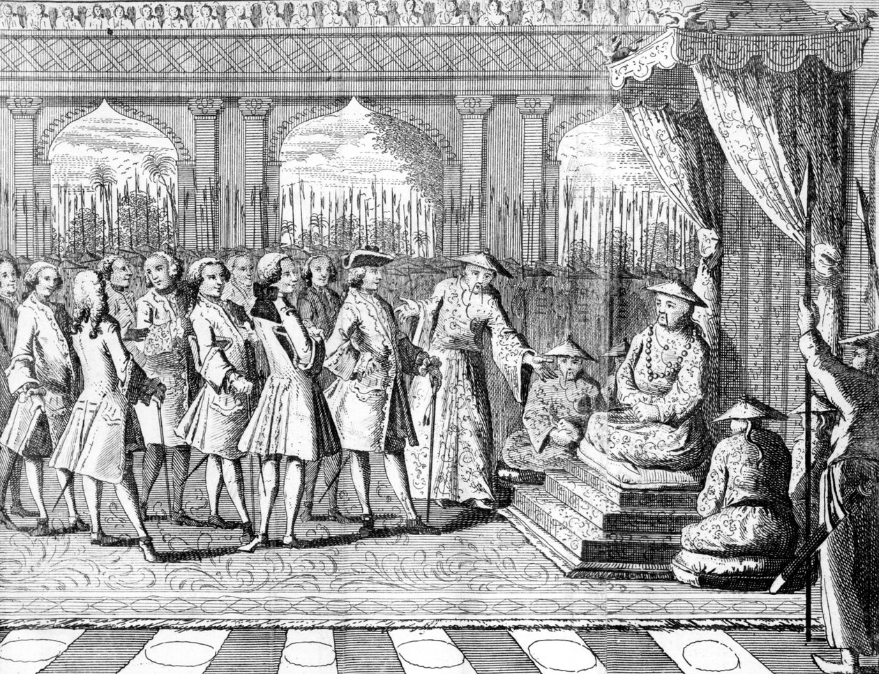 Místokrál z Kantonu dává audienci komodorovi Ansonovi z „Cesta George Ansona kolem světa v letech 1740–1744“ od English School
