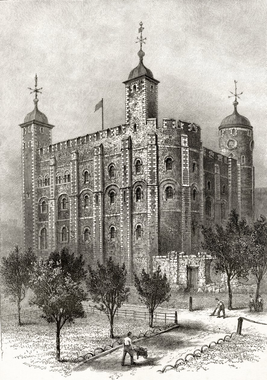 Bílá věž, centrální věž v Tower of London, z „Obrázky Londýna: Kreslené perem a tužkou“, od reverenda Richarda Lovetta, vydáno 1890 od English School