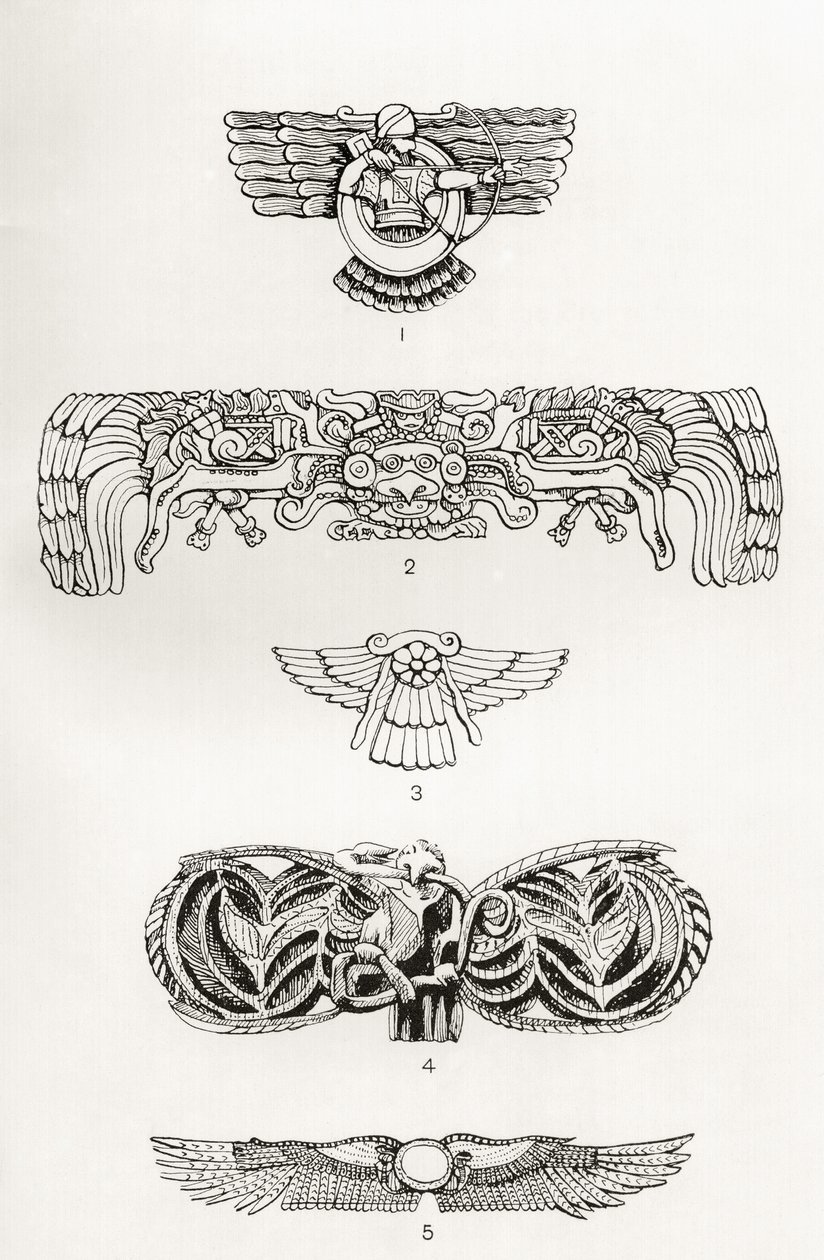 Okřídlený disk, ilustrace z knihy "Myths of Pre-Columbian America" od Donalda A. Mackenzieho, vydané v roce 1923. od English School