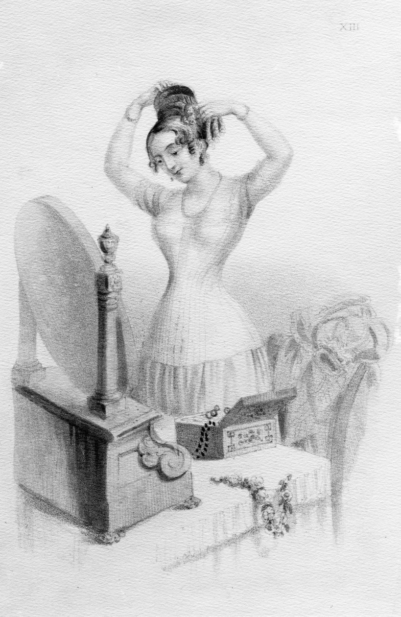 Výhody korzetů paní Nicholas Gearyové z knihy „Ženská krása, jak ji zachoval a zdokonalil režim, čistota a oblékání“ od paní A. Walkerové, 1837 od English School