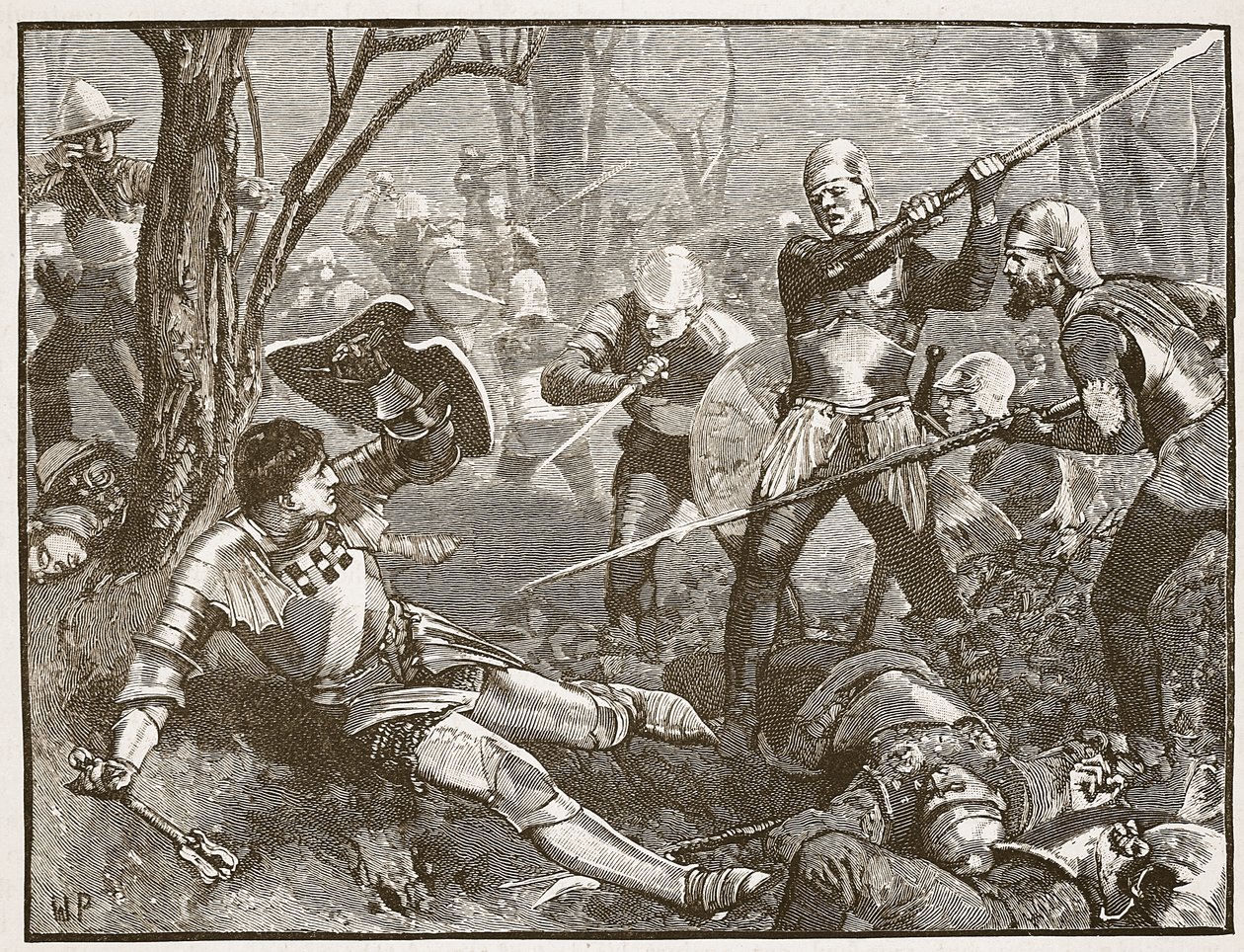 Smrt krále Stvořitele v bitvě u Barnetu, cca 1880, ilustrace z Cassells Illustrated History of England (sépiová fotografie) od English School