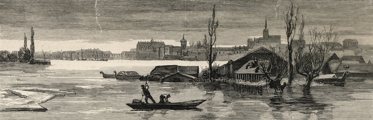 Katastrofální povodně v Rakousko-Uhersku: Pohled na Raab nedávno zaplavený Dunajem, z „Grafiky“, 20. ledna 1883 od English School