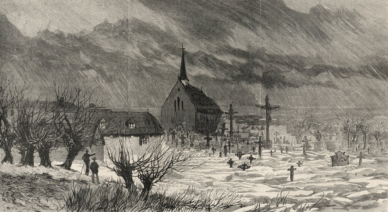 Katastrofální povodně v Rakousko-Uhersku: Pohled na Raab nedávno zaplavený Dunajem, z „Grafiky“, 20. ledna 1883 od English School