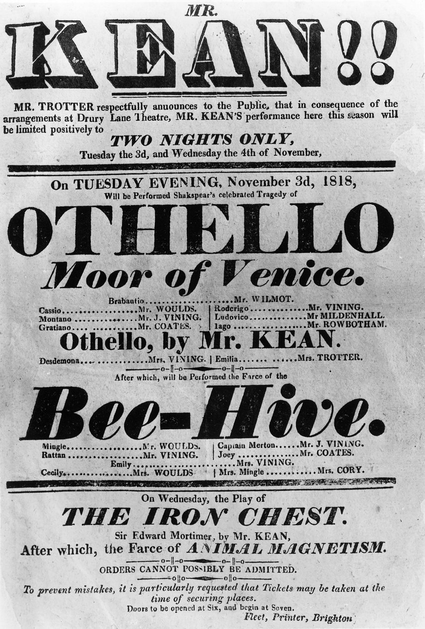 Divadelní Bill reklamní představení pana Keana, 1818 (tištěný papír) od English School