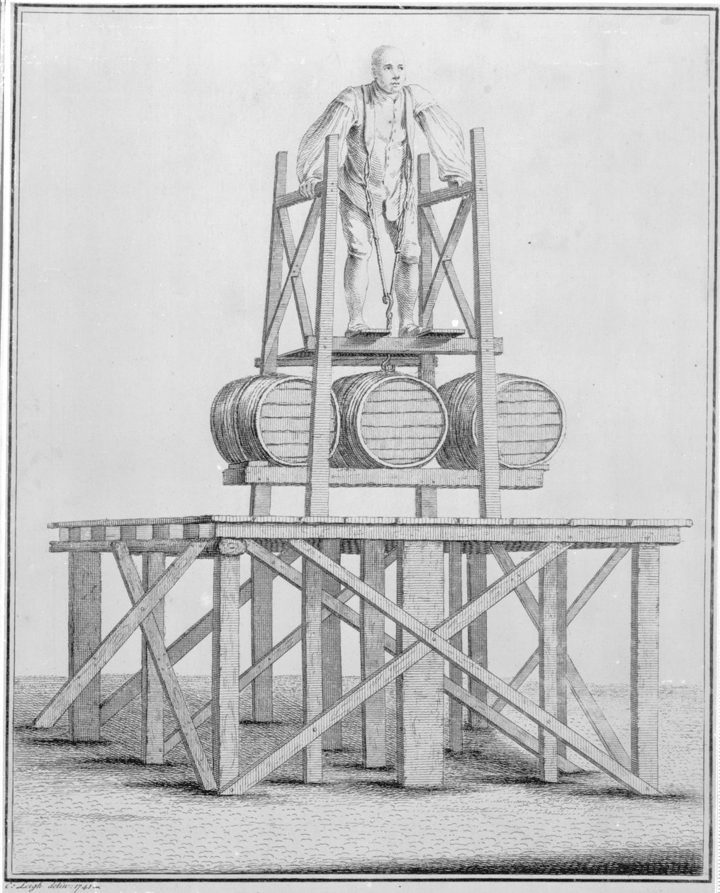 Thomas Topham the Strongman zvedá sudy s vodou o hmotnosti 1836 liber, 1741 od English School