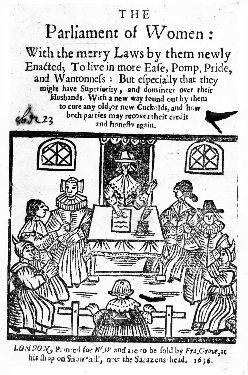 Titulní strana pro „Parlament žen“, 1656 (dřevořez a knihtisk) od English School