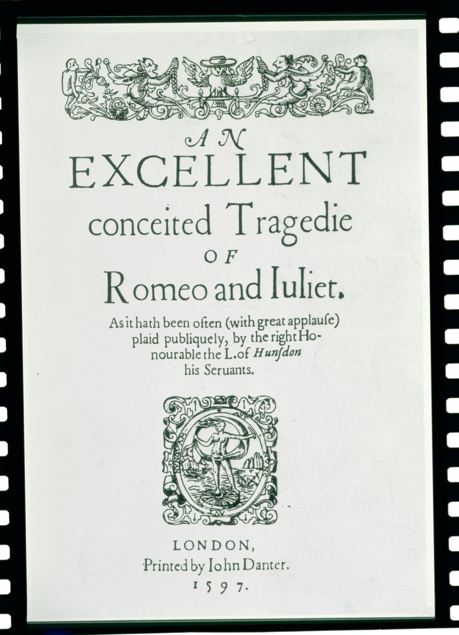 Titulní strana z "Romeo a Julie" od Williama Shakespeara (1564-1616) 1597 od English School