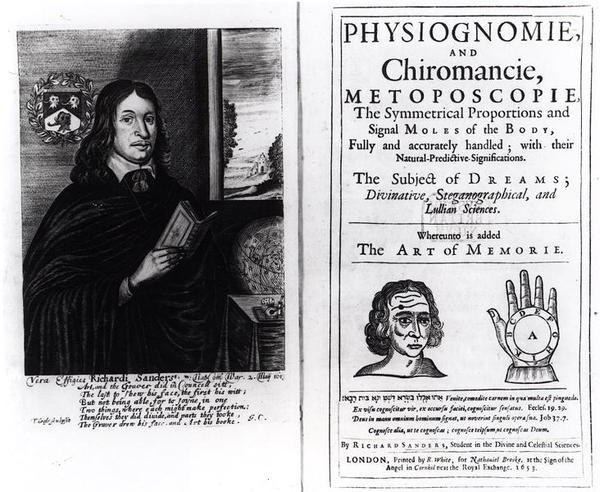 Titulní strana knihy Physiognomie and Chiromancie: The Art of Memory od Richarda Sanderse s portrétem autora, vydaná v roce 1653 od English School