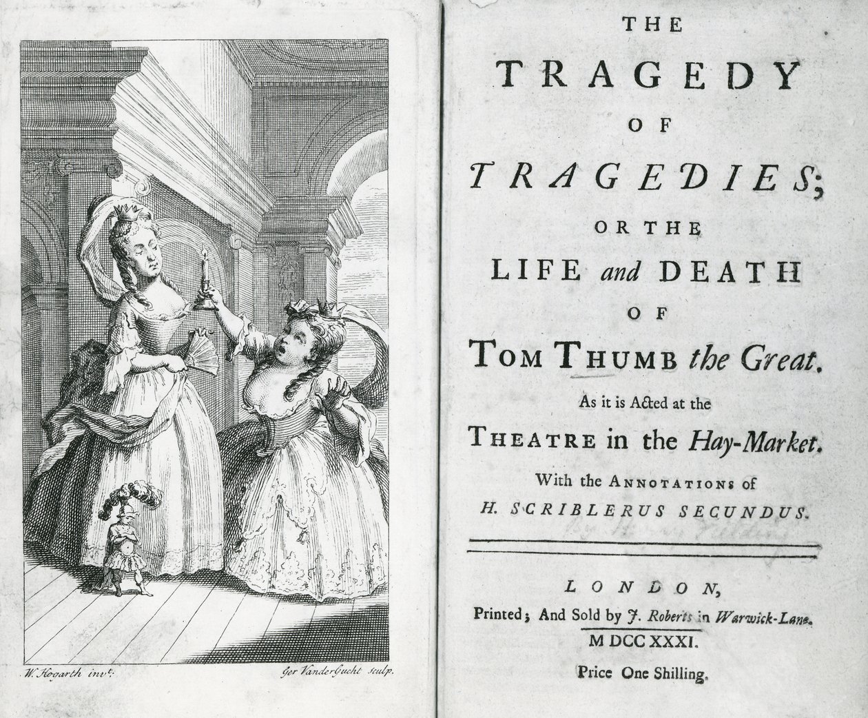Titulní strana scénáře Tom Thumb, 1731 od English School