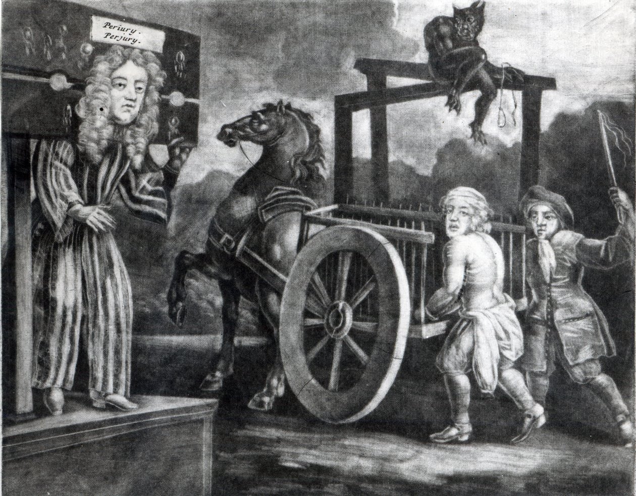 Titus Oates třetího dne svého trestu v roce 1685, kdy byl svléknut, přivázán k vozu a bičován z Aldgate do Newgate od English School
