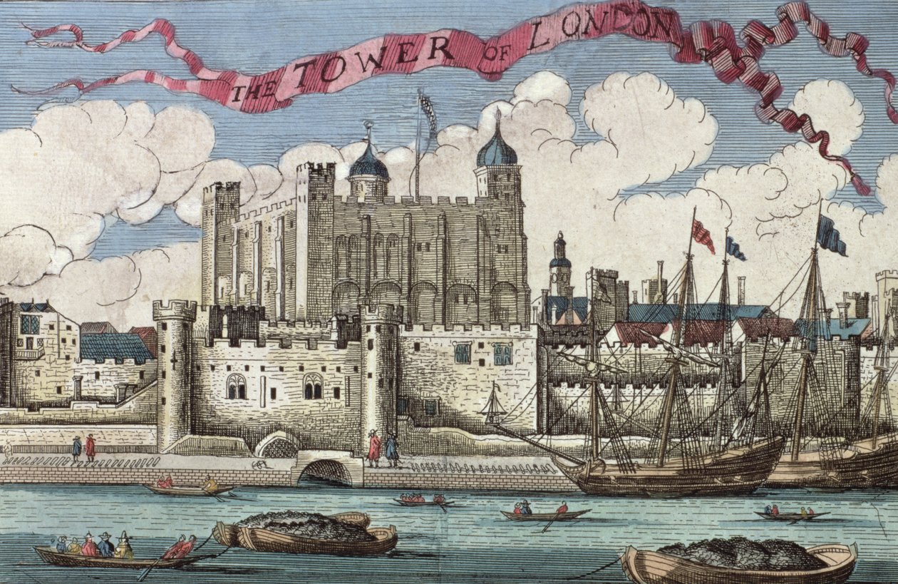 Tower of London při pohledu z řeky Temže, z knihy „Kniha vyhlídek pozoruhodných míst v City of London ao něm“, kolem roku 1700 od English School