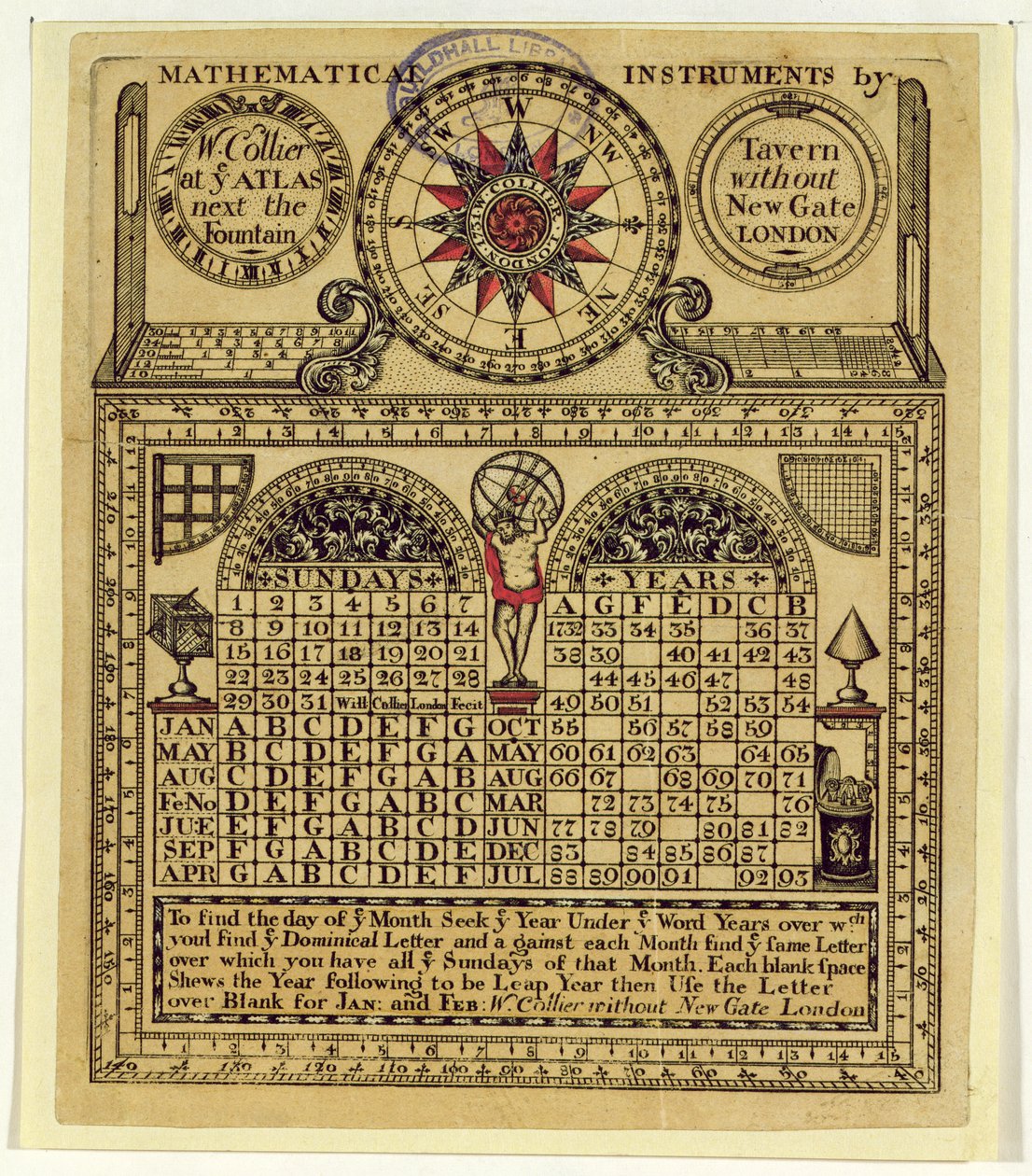 Vizitka W. Colliera, výrobce matematických nástrojů, 1731 od English School