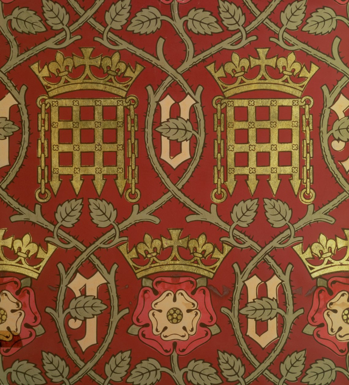 Tudor Rose, reprodukční tapeta navržená S. Scottem a vyrobená společností Cole & Sons, podle návrhu Augusta Charlese Pugina (1762-1832) pro sněmovnu parlamentu, 1845-50 (viz také 14528) od English School