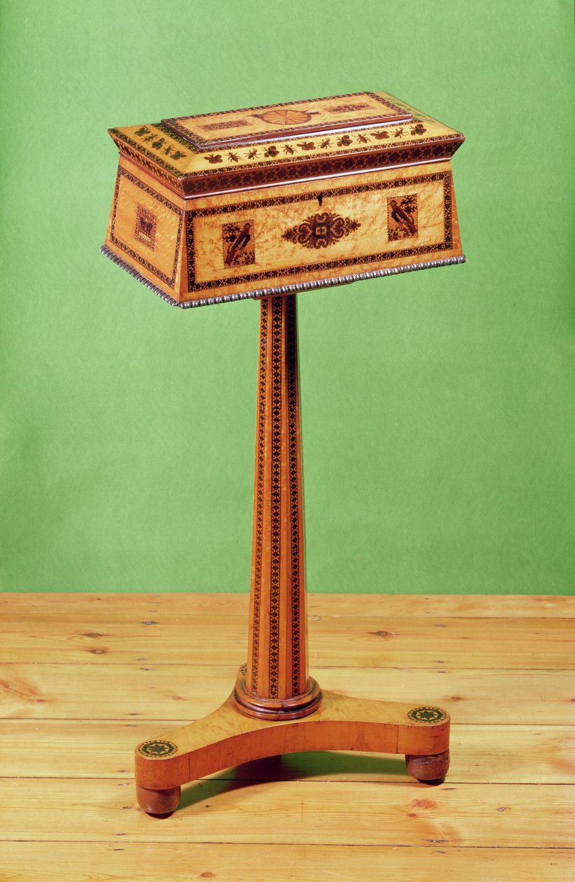 Tunbridge-ware tea poy, možná od G. a J. Burrowse kolem roku 1830 od English School