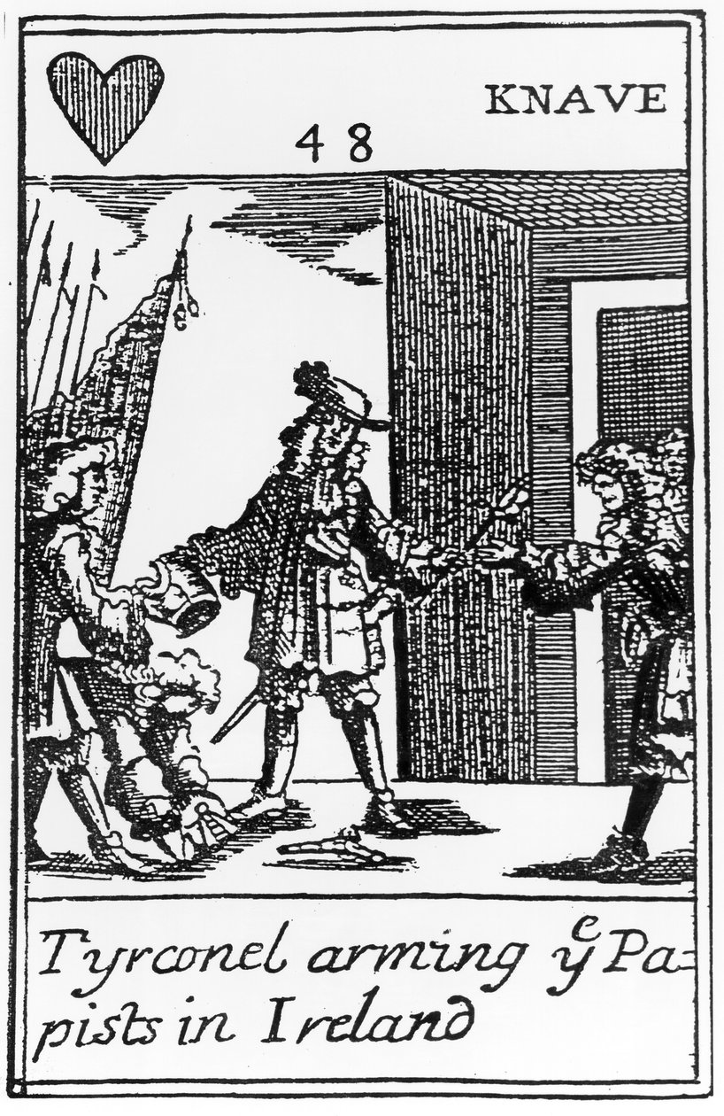 Tyrconnel Arming the Papists in Ireland, antikatolická hrací karta připomínající slavnou revoluci z roku 1688 (viz 115649) od English School