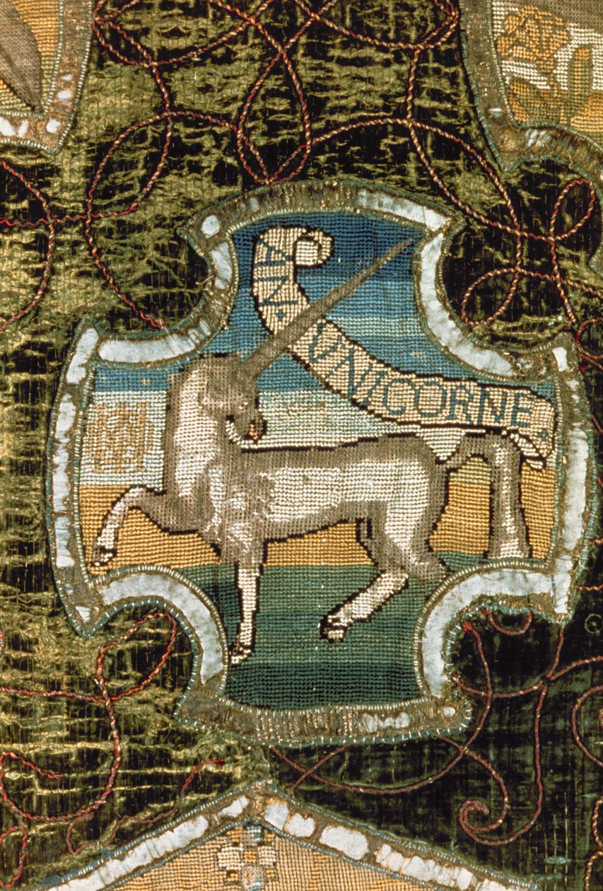 Unicorn, from the Oxburgh Hanging, made by Mary Queen of Scots (1542-87) and Elizabeth Talbot (1520-1608) Countess of Shrewsbury, c.1570 (lněné plátno vyšívané zlatem, stříbrem a hedvábím ve stanu sv. od English School