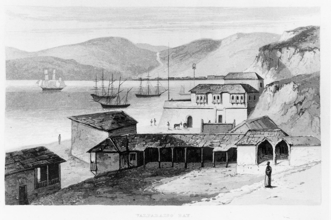 Zátoka Valparaiso kolem roku 1820, z knihy "Travels in South America" od Alexandra Caldcleugha, vydané v roce 1825. od English School