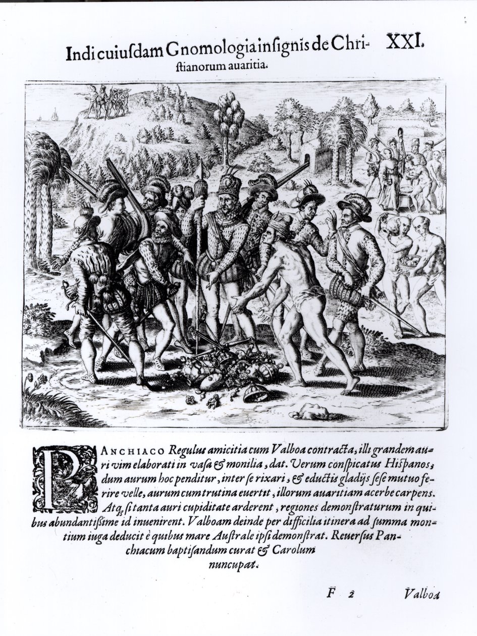 Vasco Nunez de Balboa (1475-1519) Ukazuje chamtivost křesťanů od English School