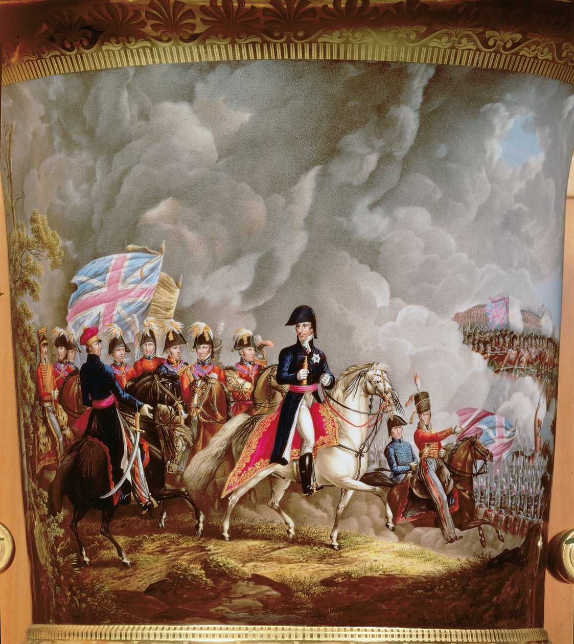 Váza s vyobrazením Wellingtona a jeho důstojníků v bitvě u Waterloo v roce 1815 (keramika) od English School