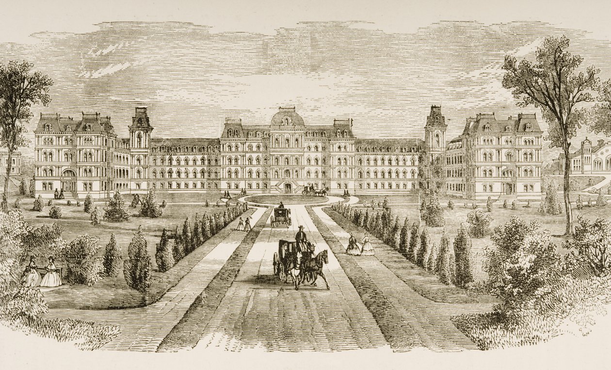 Vassar College, Poughkeepsie, stát New York, kolem roku 1870, z knihy "American Pictures" vydané Religious Tract Society, 1876. od English School