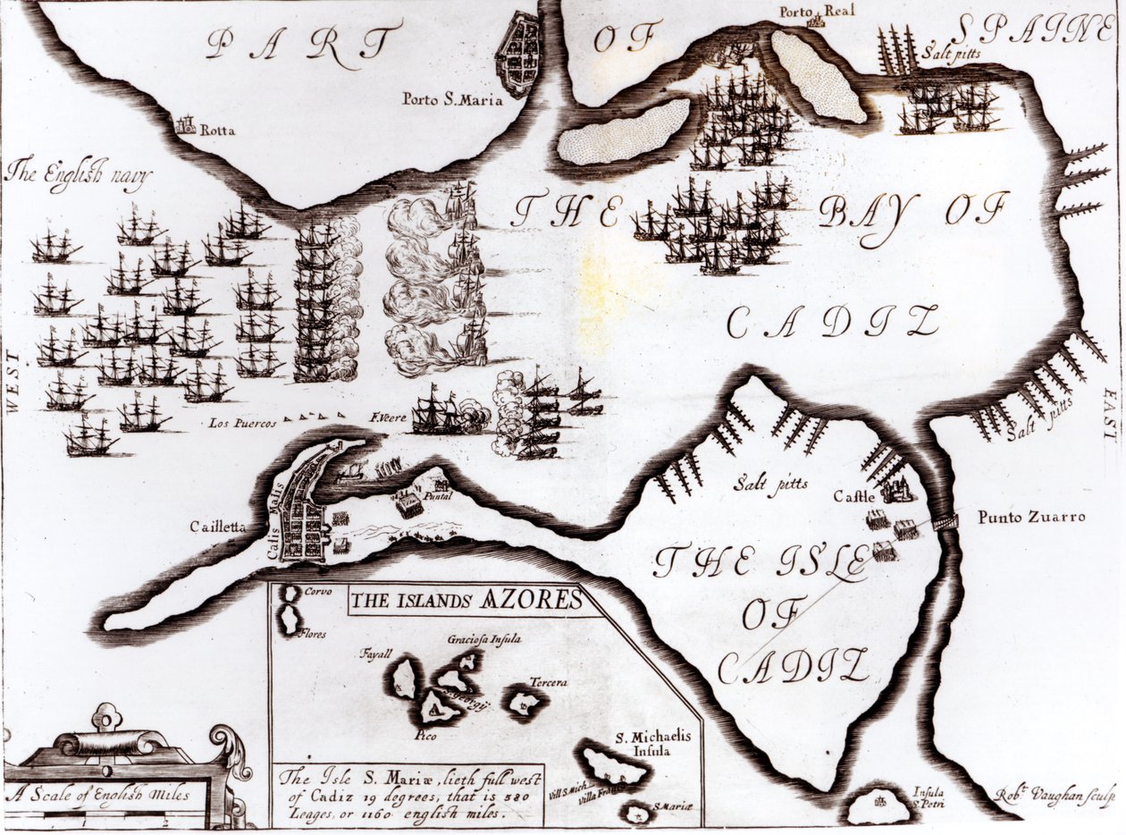 Vítězství anglického královského námořnictva v zátoce Cádiz, vyryto Robertem Vaughanem (fl. 1622-78) od English School
