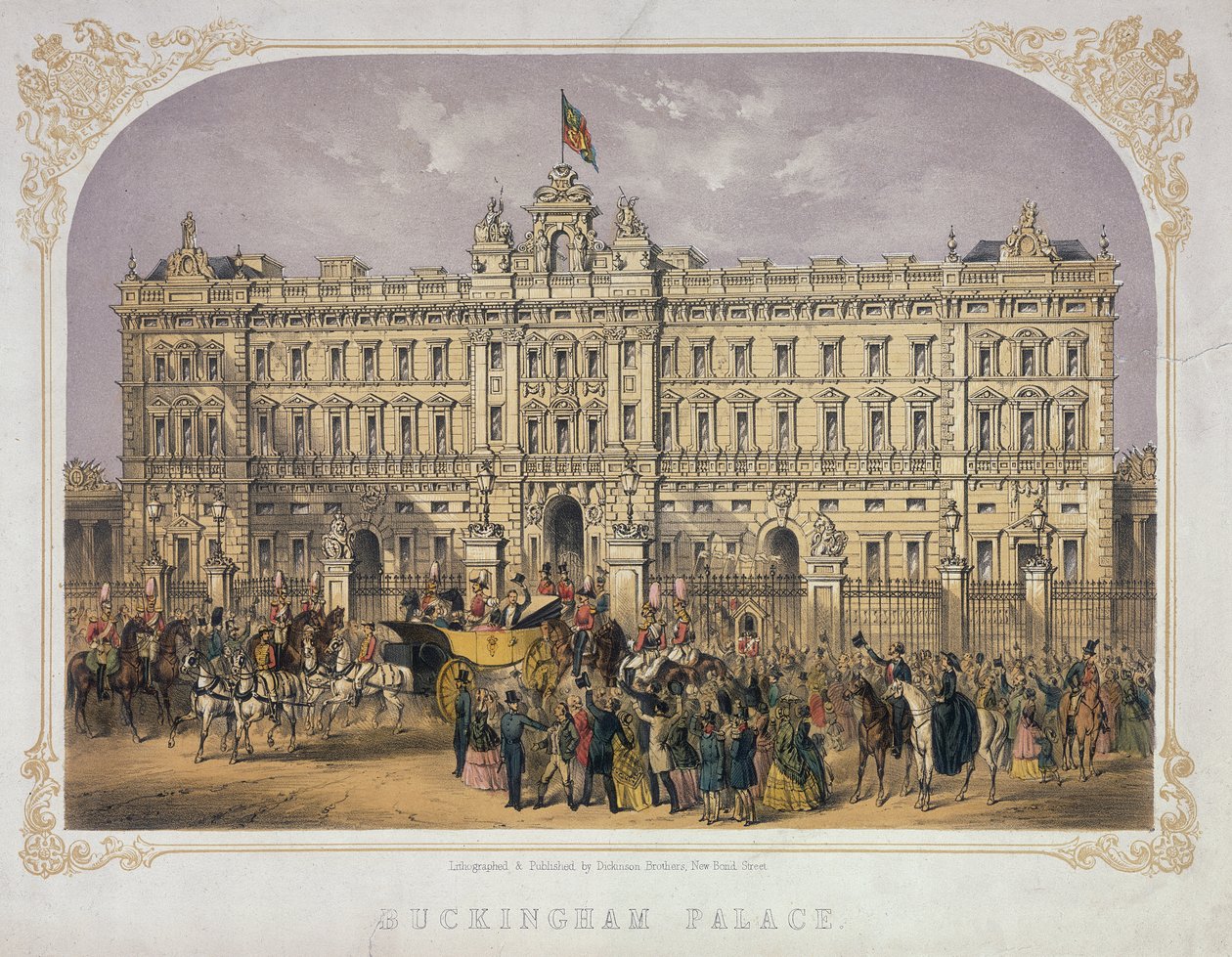 Pohled na Buckinghamský palác s davem a tleskajícím královnou Viktorií (1819-1901) a princem Albertem (1819-61), když vyjíždějí v kočáře, kolem roku 1855 od English School