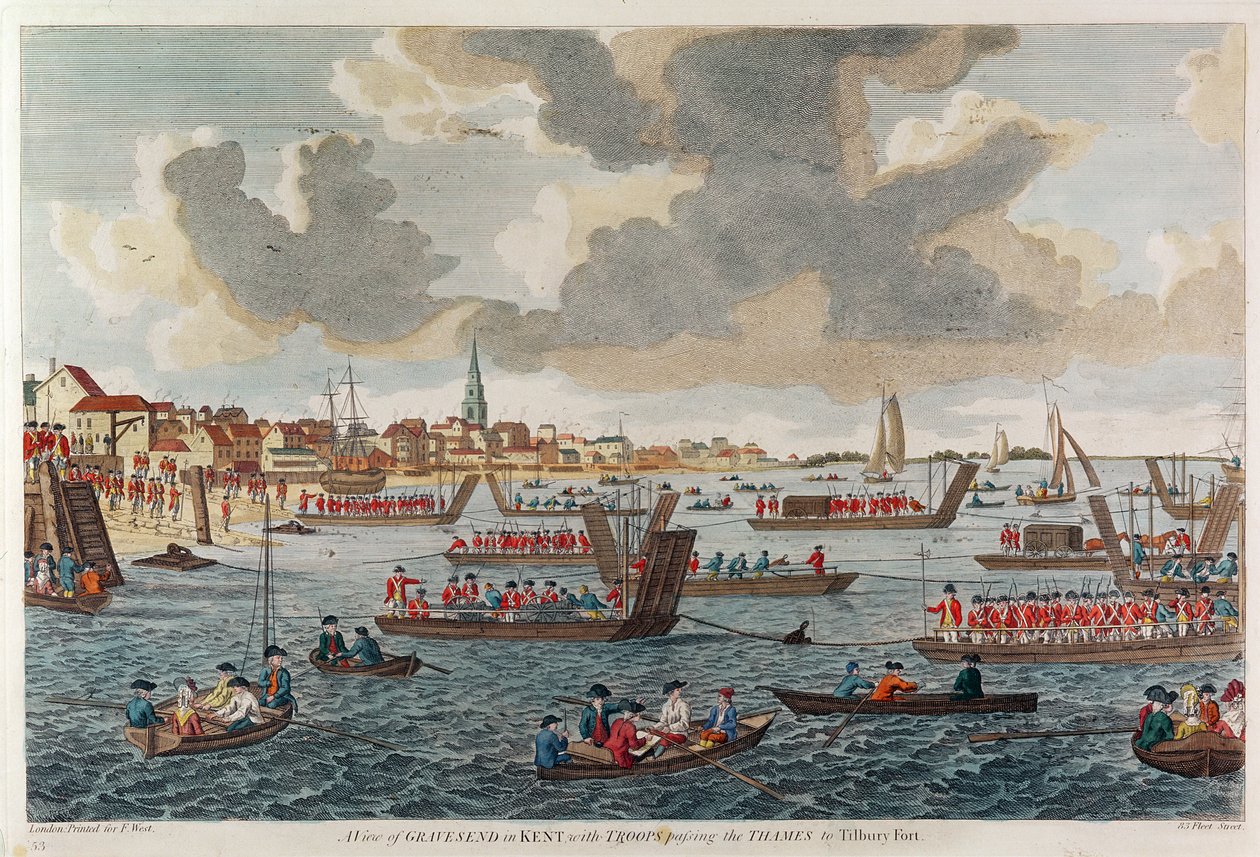 Pohled na Gravesend s vojáky překračujícími Temži do Tilbury Fort od English School