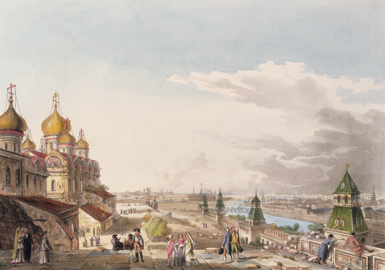 Pohled na Moskvu Převzato z Císařského paláce, deska 4 z Historical Sketch of Moscow, pub. od Rudolpha Ackermanna (1764-1834) 1813 (akvatinta) od English School