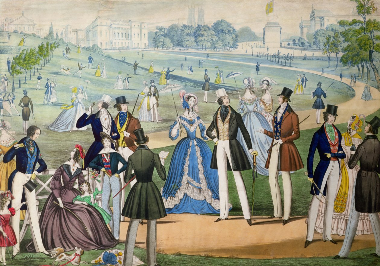 Pohled na St. Jamess z Green Park, Londýn od Benjamina Reada, kolem roku 1838 (barevná akvatinta) od English School