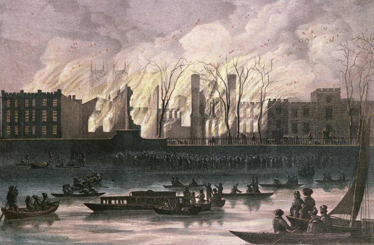 Pohled na oheň v paláci Whitehall (pastel na papíře) od English School