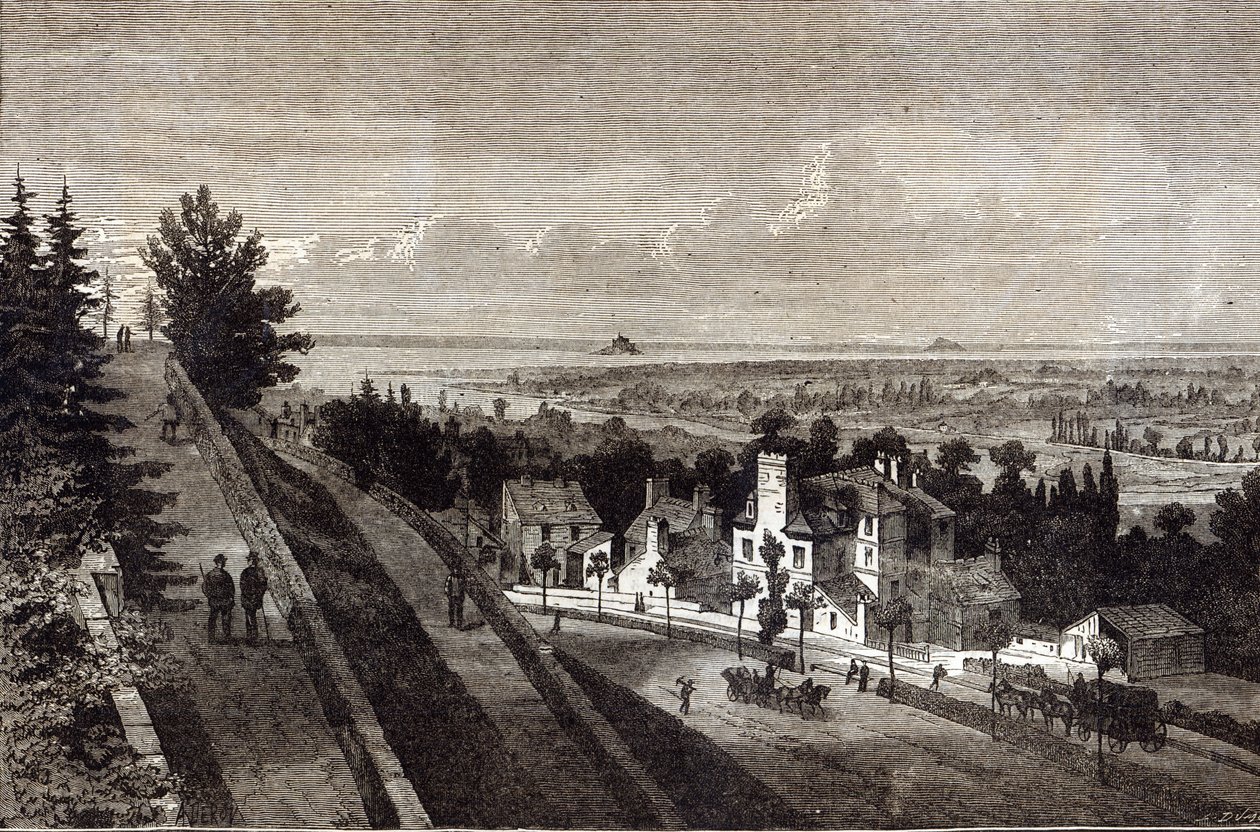 Pohled na záliv Mount St. Michael, z Avranches, Normandie, z The Graphic, 1877 od English School