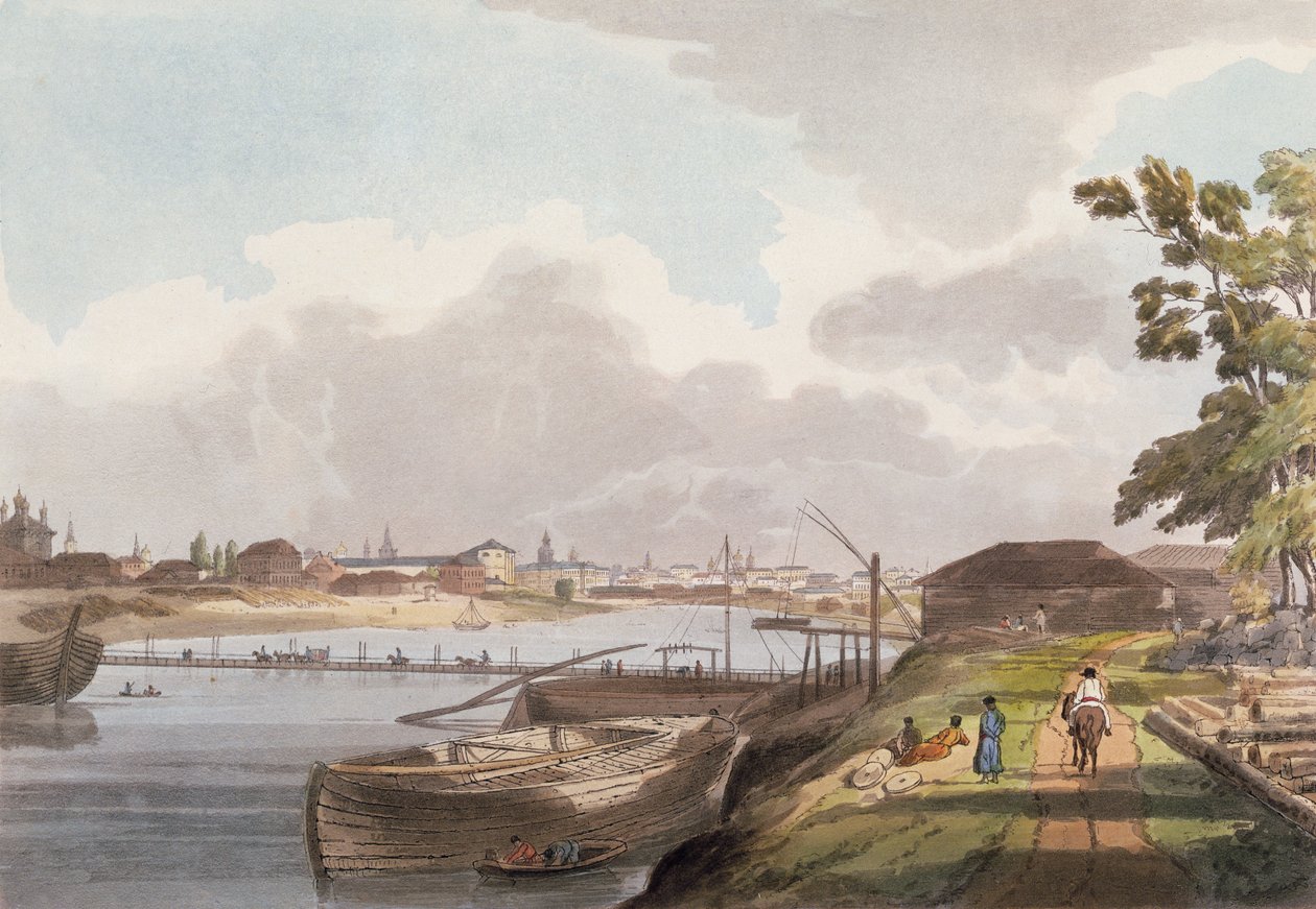 Pohled na město Moskva z břehů Mosqua a poblíž kláštera Spas na Novoi, deska 2 z Historical Sketch of Moscow, hospoda. od Rudolpha Ackermanna (1764-1834) 1813 (akvatinta) od English School